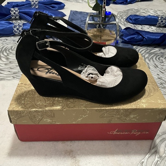 IB American Rag Miley Ankle Strap Wedge Heel Black mary Jane suede shoes 8 - Picture 2 of 3